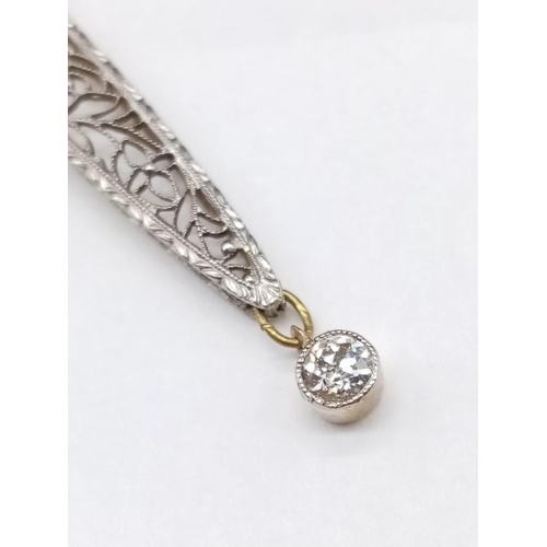 201 - Vintage Filigree Diamond PENDANT with 3 seed Pearls.  2.35g     5.5cm