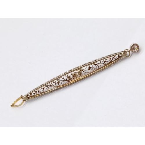 201 - Vintage Filigree Diamond PENDANT with 3 seed Pearls.  2.35g     5.5cm