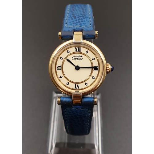 35 - Cartier Quartz Ladies WATCH. Gold plated on Silver with Roman Numerals and Blue Leather Strap.    24... 