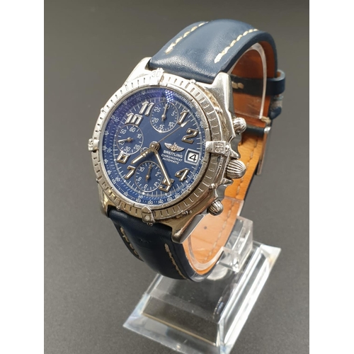 46 - Breiling Chronomat Automatic WATCH with Blue Face and matching Blue Leather Strap. 38mm.