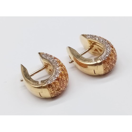 130 - Pair of 18ct Yellow Gold EARRINGS with Diamonds and Hessonite.  17.3g