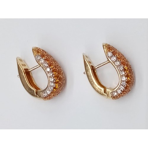 130 - Pair of 18ct Yellow Gold EARRINGS with Diamonds and Hessonite.  17.3g