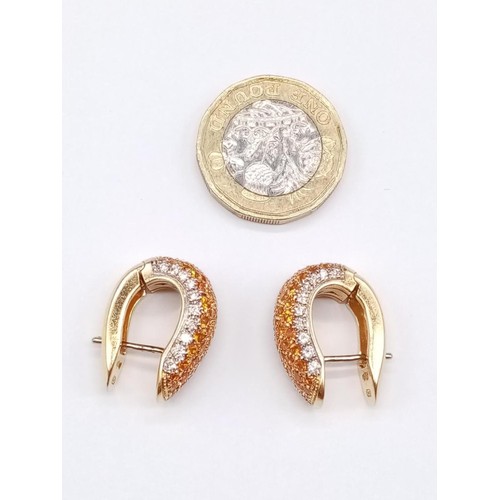 130 - Pair of 18ct Yellow Gold EARRINGS with Diamonds and Hessonite.  17.3g