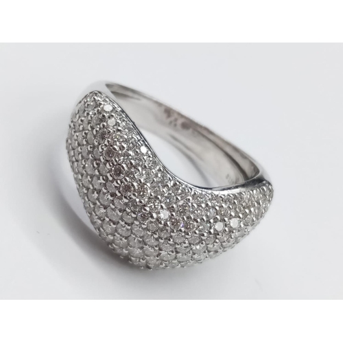 137 - 18ct White Gold RING with encrusted Diamond face.  Modern design.  13.1g     Size: U