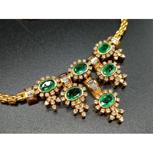 102 - 21ct Yellow Gold NECKLACE with Diamonds and Emeralds.  36cm in total.   32.1g.