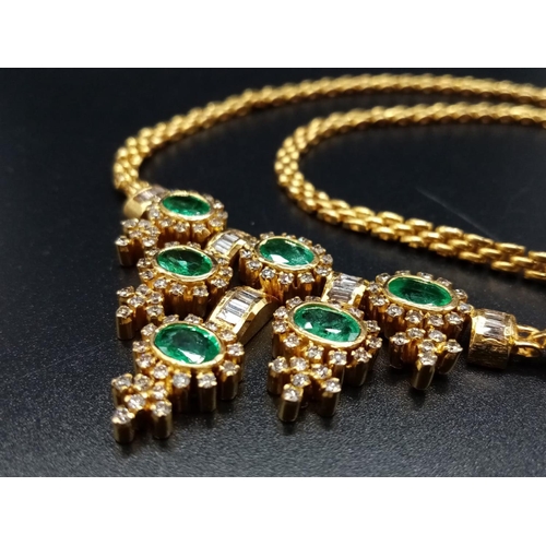 102 - 21ct Yellow Gold NECKLACE with Diamonds and Emeralds.  36cm in total.   32.1g.