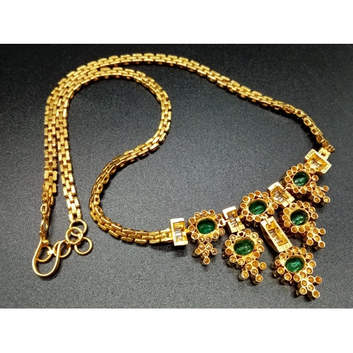 102 - 21ct Yellow Gold NECKLACE with Diamonds and Emeralds.  36cm in total.   32.1g.