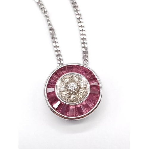 68 - Diamond and Ruby circular PENDANT on a 9ct White Gold CHAIN.   5.4g      54cm  chain