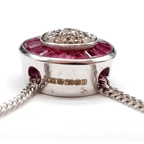 68 - Diamond and Ruby circular PENDANT on a 9ct White Gold CHAIN.   5.4g      54cm  chain