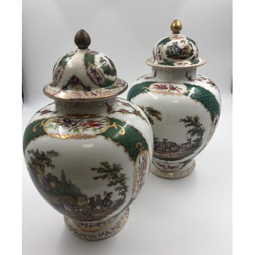 715 - Pair of Augustus Rex, Meissen porcelain ginger jars late 19th century, hand painted with gilt tracer... 