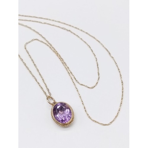 566 - Amethyst PENDANT set in 9ct Gold on a 9ct Gold CHAIN.   2.16g     50cm long.