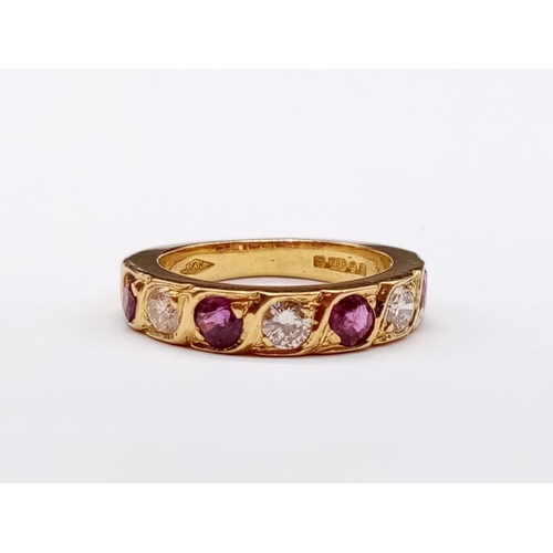 191 - 18ct Yellow Gold.. Half Eternity RING with Diamonds and Rubies.   6.1g    Size:  M