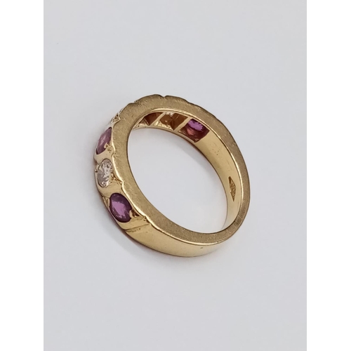 191 - 18ct Yellow Gold.. Half Eternity RING with Diamonds and Rubies.   6.1g    Size:  M