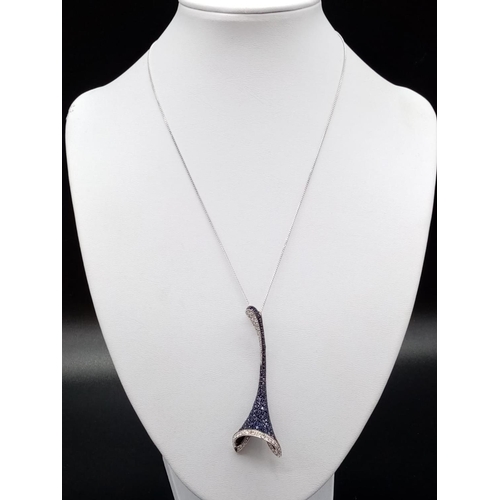 206 - Modern Shaped 18ct White Gold PENDANT encrusted with Blue Sapphires and Diamonds on 18ct White Gold ... 