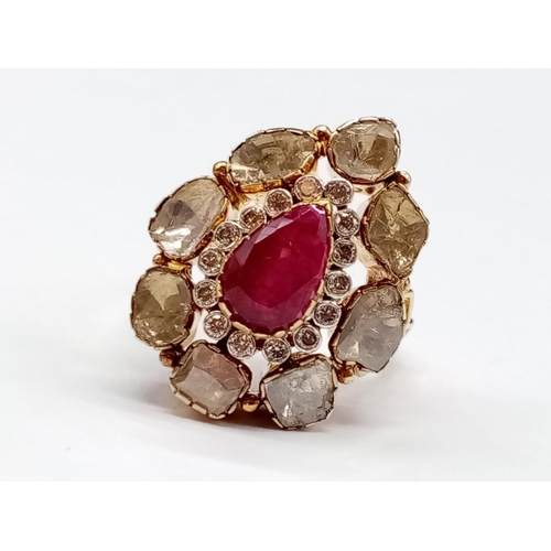 177 - Antique Yellow Gold RING with a pear-shaped Ruby centre surrounded by Rose cut Diamonds.   (Approx o... 