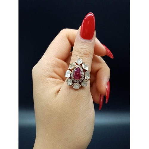 177 - Antique Yellow Gold RING with a pear-shaped Ruby centre surrounded by Rose cut Diamonds.   (Approx o... 