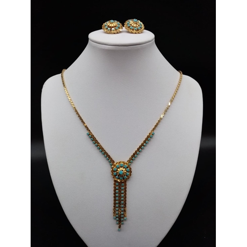 173 - A Yellow-Metal and Turquoise Necklace and Earring set.
44cm - 22.3g. Earrings- 8.3g.