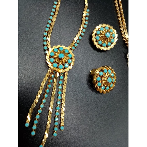 173 - A Yellow-Metal and Turquoise Necklace and Earring set.
44cm - 22.3g. Earrings- 8.3g.