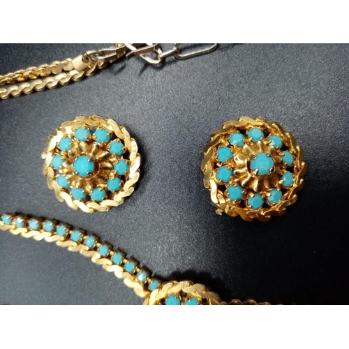 173 - A Yellow-Metal and Turquoise Necklace and Earring set.
44cm - 22.3g. Earrings- 8.3g.