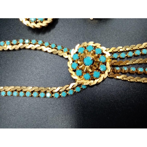 173 - A Yellow-Metal and Turquoise Necklace and Earring set.
44cm - 22.3g. Earrings- 8.3g.