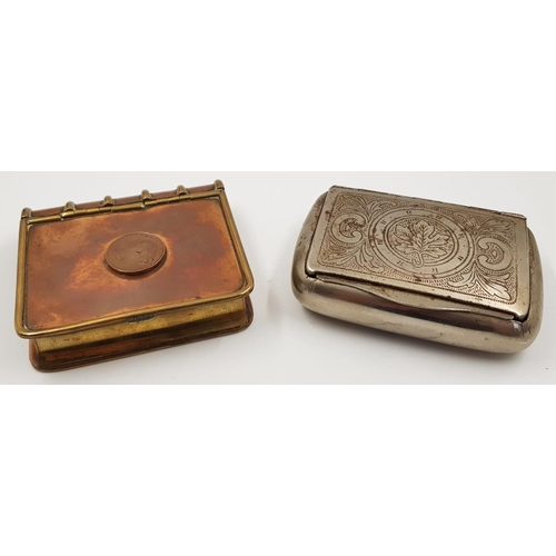 213 - Unusual TRINKET BOX with a Victorian Half-penny stuck on the front.  7 x 8 cm with a copper and bras... 