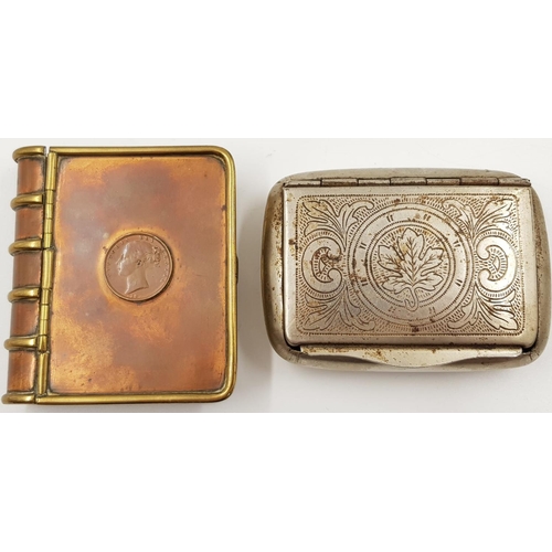 213 - Unusual TRINKET BOX with a Victorian Half-penny stuck on the front.  7 x 8 cm with a copper and bras... 