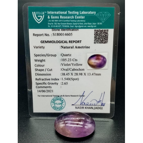 197 - 105.23 Cts Natural Ametrine with IDT Gemstone Certificate & US UGL Appraisal Report.