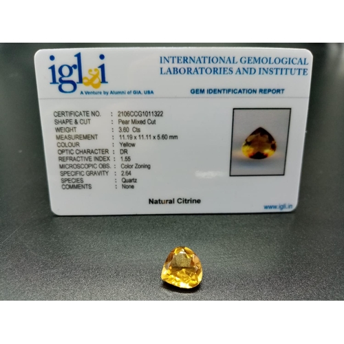 946 - 3.50 Cts Natural Citrine . Pear shape. IGL&I certified