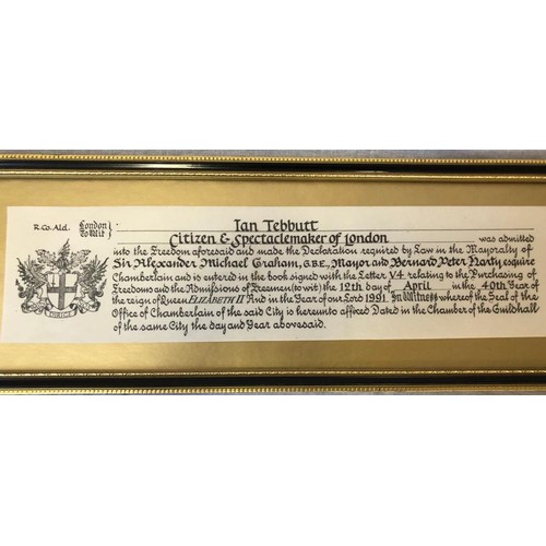 844 - Gilded framed copy of the FREEDOM OF THE CITY OF LONDON, awarded to Spectacle maker Ian Tebbutt.  56... 