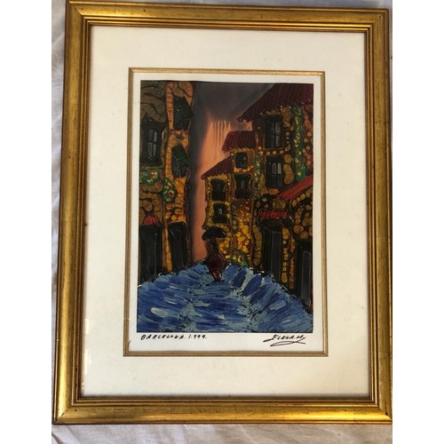 733 - An acrylic PAINTING of an extremely wet day in Barcelona by Elena M.  comes in gilded frame.  
43 x ... 