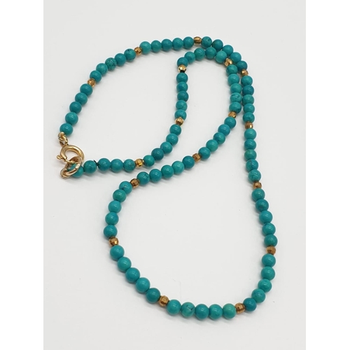 653 - Turquoise and 9ct Gold NECKLACE.    10g   40cm