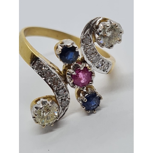 541 - 18ct Gold RING with Diamonds, Ruby and Sapphires.  4.6g   Size N.