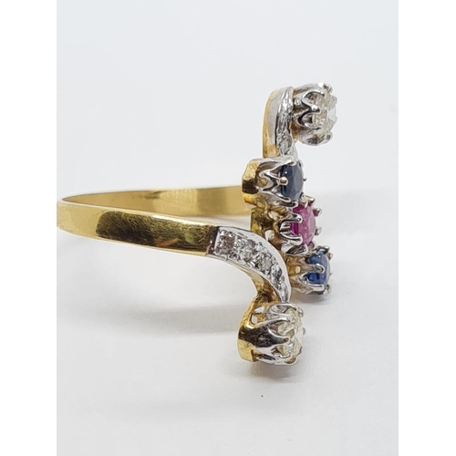 541 - 18ct Gold RING with Diamonds, Ruby and Sapphires.  4.6g   Size N.