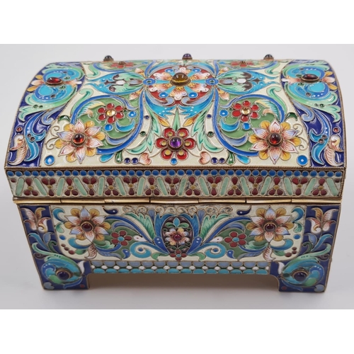 31 - An Antique Russian Silver-Gilt and Enamel Trinket Box. Of Rectangular form with hinged lid and hinge... 
