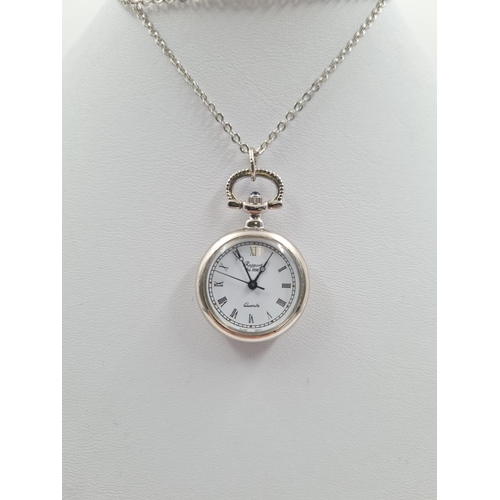 478 - A Rapport Quartz Pendant watch on a White Metal Chain. 68cm. Comes with box.