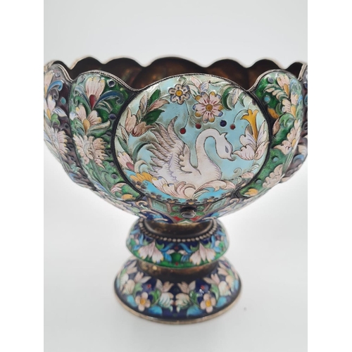 53 - An Antique Russian Silver-Gilt Enamel Bowl. Intricate floral works throughout with twin Swan motifs ... 