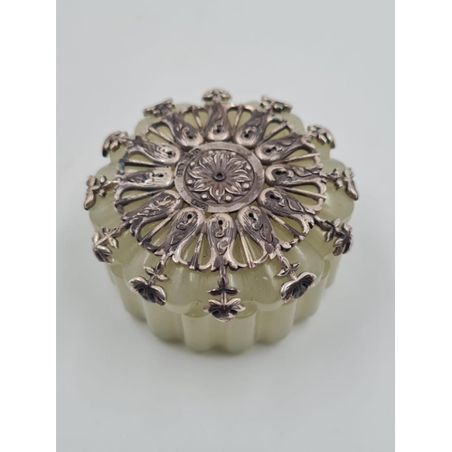 55 - RUSSIAN 20TH CENTURY SILVER AND JADE BOX  5.5 CMS DIAMETER 98.5GMS