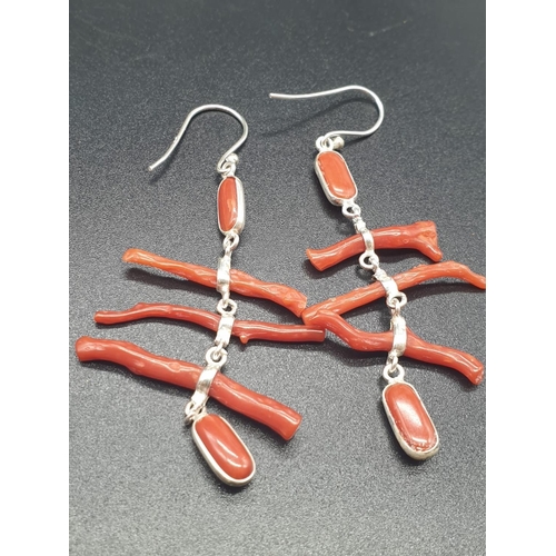 190 - A very elegant, sterling silver (stamped 925) and Mediterranean red coral bracelet and earrings set ... 