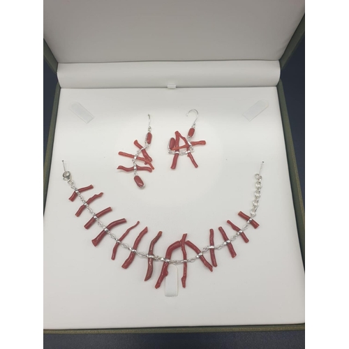 190 - A very elegant, sterling silver (stamped 925) and Mediterranean red coral bracelet and earrings set ... 