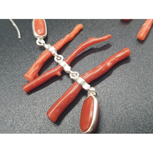 190 - A very elegant, sterling silver (stamped 925) and Mediterranean red coral bracelet and earrings set ... 