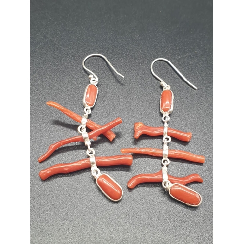 190 - A very elegant, sterling silver (stamped 925) and Mediterranean red coral bracelet and earrings set ... 