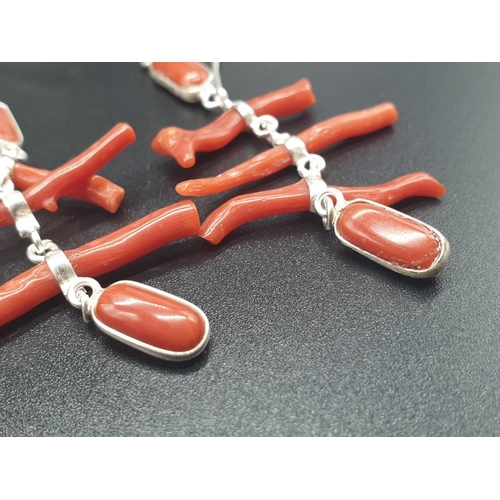 190 - A very elegant, sterling silver (stamped 925) and Mediterranean red coral bracelet and earrings set ... 