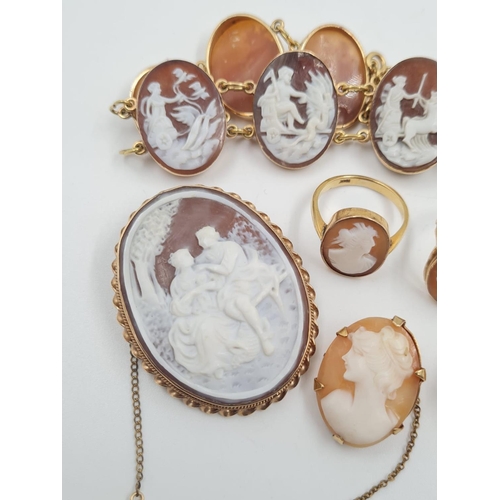 483 - A Cameo Jewellery Set, comprising of a bracelet (16cm), 2 brooches and 3 rings (L,N and Q). 2g 9ct G... 