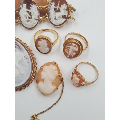 483 - A Cameo Jewellery Set, comprising of a bracelet (16cm), 2 brooches and 3 rings (L,N and Q). 2g 9ct G... 