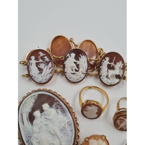 483 - A Cameo Jewellery Set, comprising of a bracelet (16cm), 2 brooches and 3 rings (L,N and Q). 2g 9ct G... 