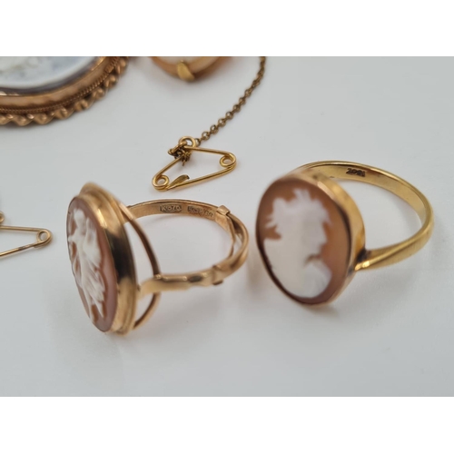 483 - A Cameo Jewellery Set, comprising of a bracelet (16cm), 2 brooches and 3 rings (L,N and Q). 2g 9ct G... 