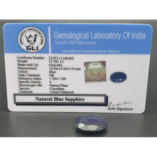 842 - 13.750 Cts Natural Blue Sapphire. Oval Shape. GLI Certified