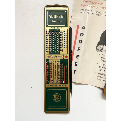 108 - Vintage Addfeet Junior machine. With instructions and original leather pouch. 17cm in length.