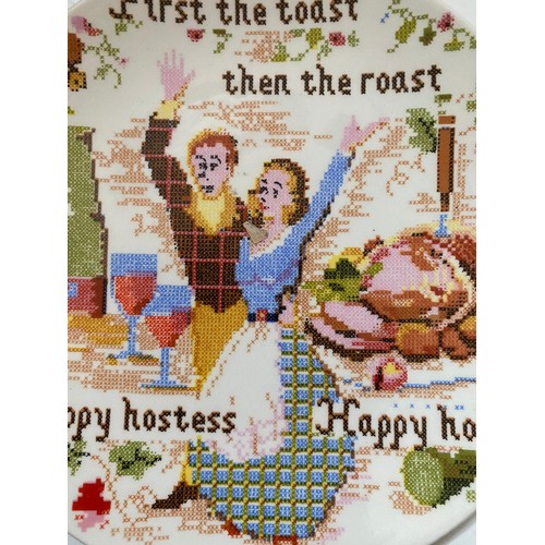 135 - Retro Poole 'First the Toast' Ceramic Plate with tapestry looking design. Good condition for age.