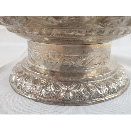 117 - AN 11 PIECE ANTIQUE BURMESE SILVER PUNCH BOWL BEAUTIFULLY ENGRAVED WITH ORIENTAL GODS AND TOPPED WIT... 